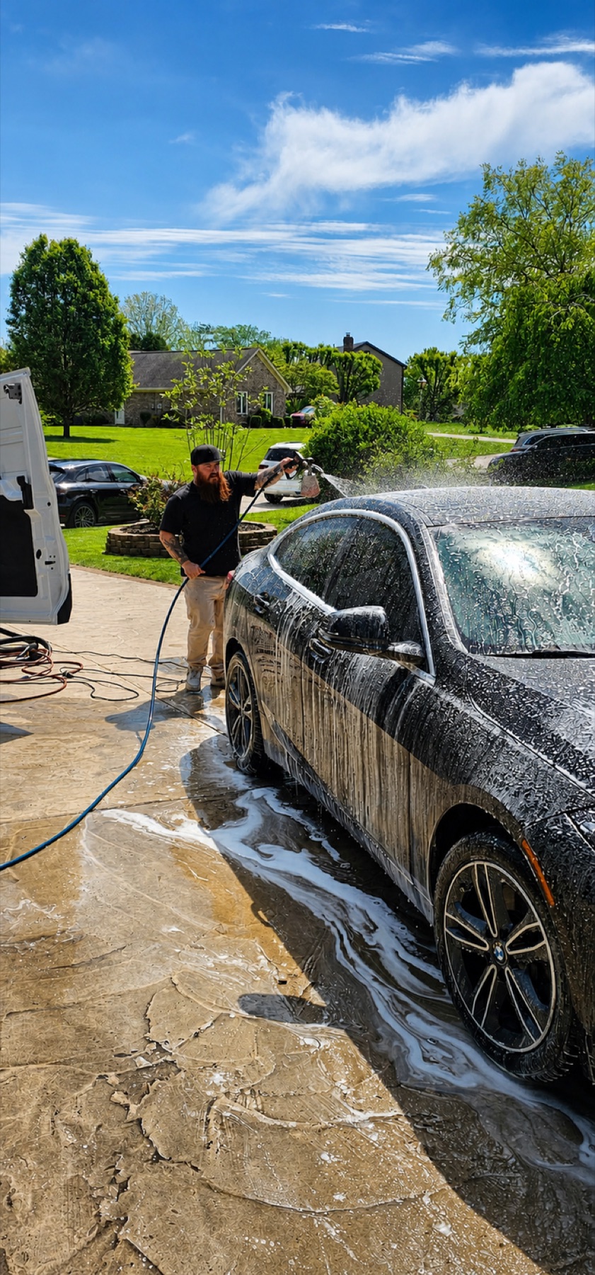 Sauber Mobile Detailing foam-washing a car on-site